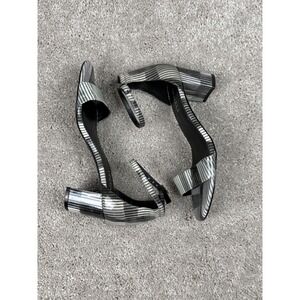 Van Eli Black & Silver Striped Block Heel Ankle Strap Sandals Shoes Women's